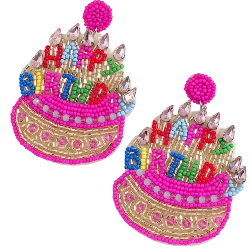 Happy Birthday Beaded Dangle Earrings